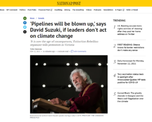 photo of David Suzuki from National Post and blowing up pipelines